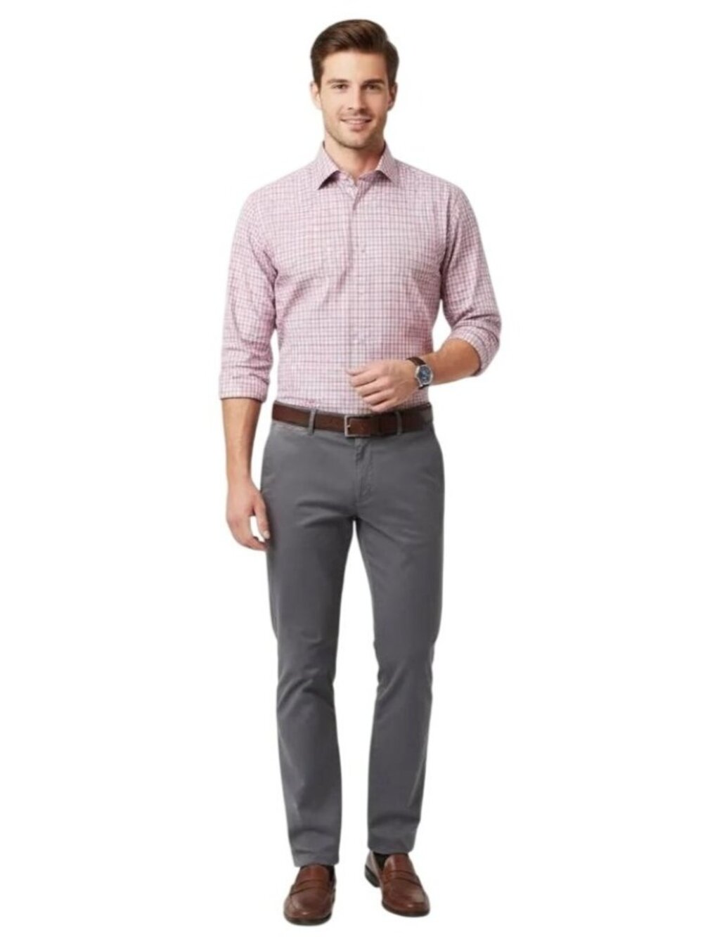 Tallia Men's Pink Check Slim Fit Long Sleeve Button Front Shirt‎ Size 16 (32/33)